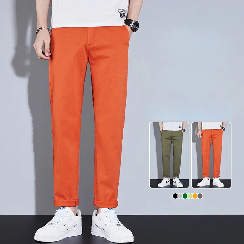 Casual Men Orange Loose Straight Business Pants Green Khaki Elastic Waist Trousers Soft Cotton Lyocell Fabric Korean Cargo Pants 241106