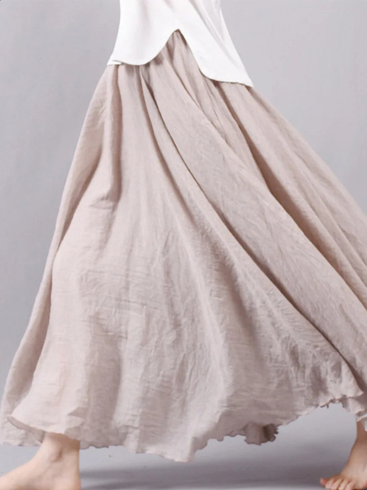 Womens Elegant High Waist Linen Maxi Skirt Summer Ladies Casual Elastic 2 Layers Skirts saia feminina 240323
