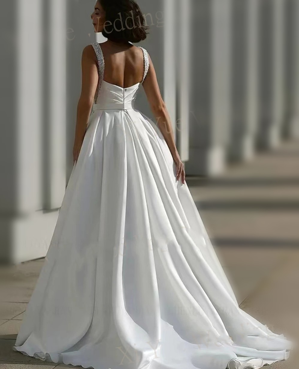 A-E Wedding Sexy Dress 2025 Spaghetti Straps Backless Pearls Beads Satin Bridal Bride Gown Robe Mariage Vestidos De Novia Customized