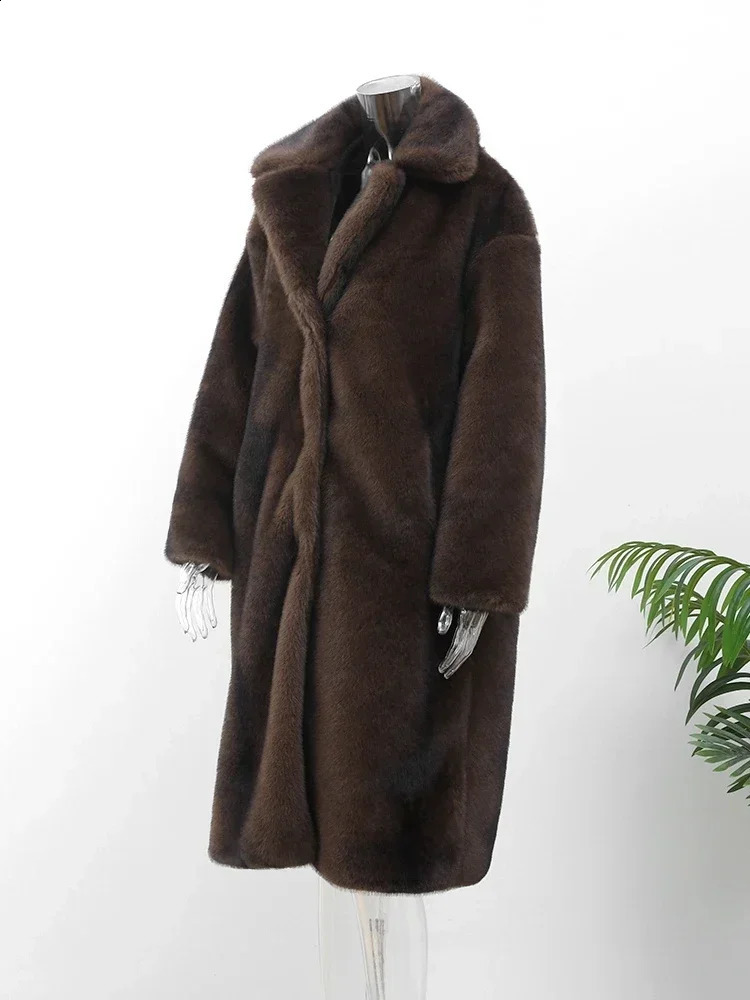 Womens Warm Faux Fur Long Overcoat Single Breasted Fleece Trench Coat Winter Lady Fluffy Plush Thicken Outerwear 241104