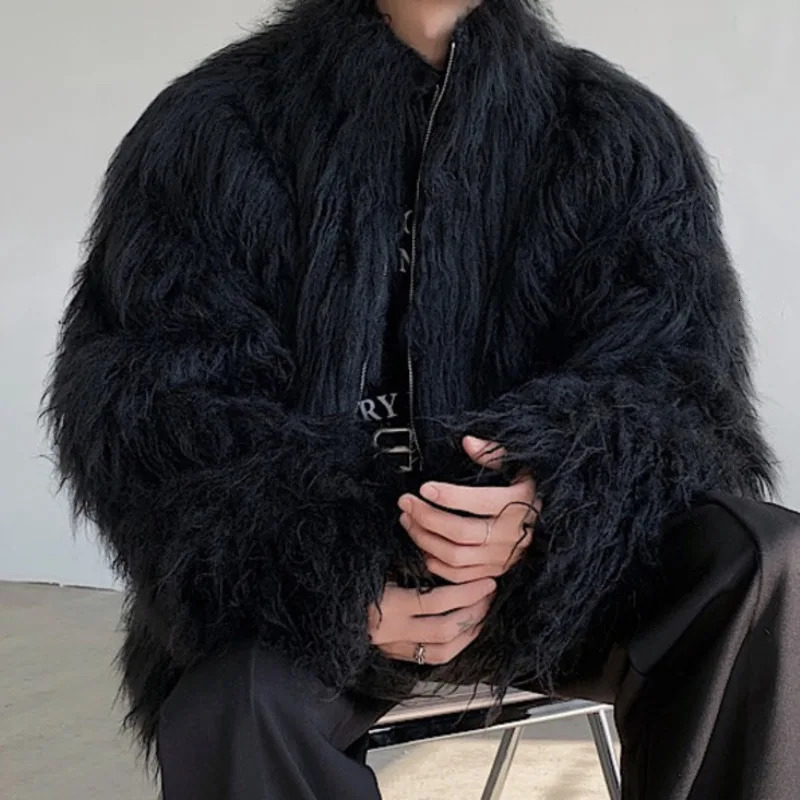 FEWQ mens fur clothing cotton jacket fashionable solid color 2024 autumn and winter mens vertical collar loose top 9C3655 241106