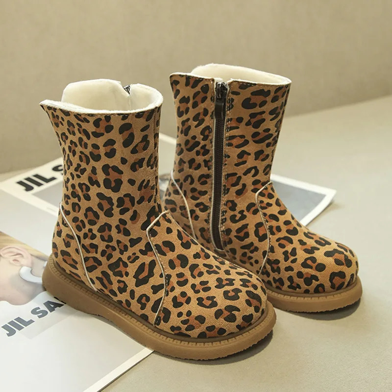 Kids Boots Winter Girls Fashion Middle Calf Princess Snow Boots Toddler Children Boys Leopard Warm Fur Shoes Soft Sole 241106