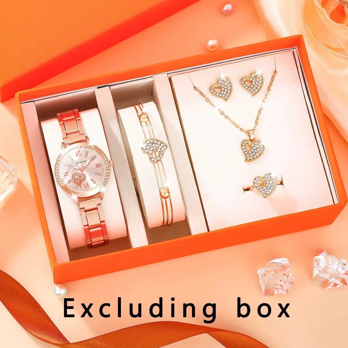 6 Womens Fashion Simple Designer Star Ran Rhinestone Steel Strap Quartz Watch Luxury Pearl Rhinestone Jewelry Set X241106