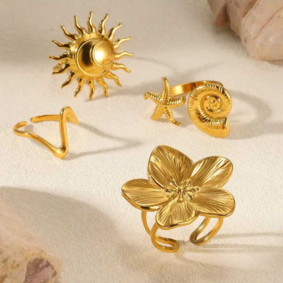 Elegant stainless steel Blo wreath suitable for gold colored sun starfish open rings finger jewelry weddings and punk gifts X241106