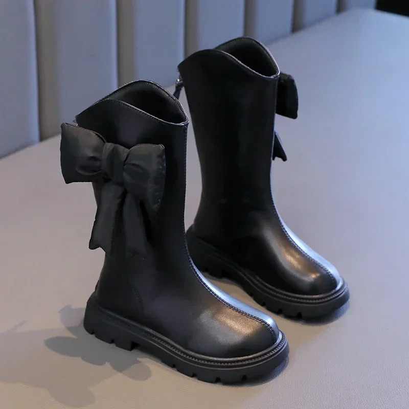 Girls Long Boots Black Pu Leather Bowtie Chunky Fashion Children Winter Boot Warm Bowknot Round Toe Knee-high Kids Shoes 27-37 241106