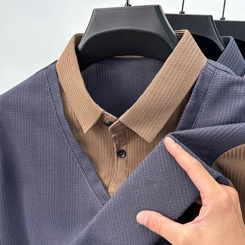 Mens Casual Fashion Long Sleeved Solid Color Blocked Two-piece Polo Shirt Comfortable All Season Versatile Top 241106