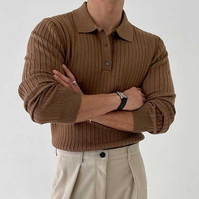 Mens casual knitted long Sve shirt premium light luxury solid color button lapel zipper knitted autumn clothing W241106
