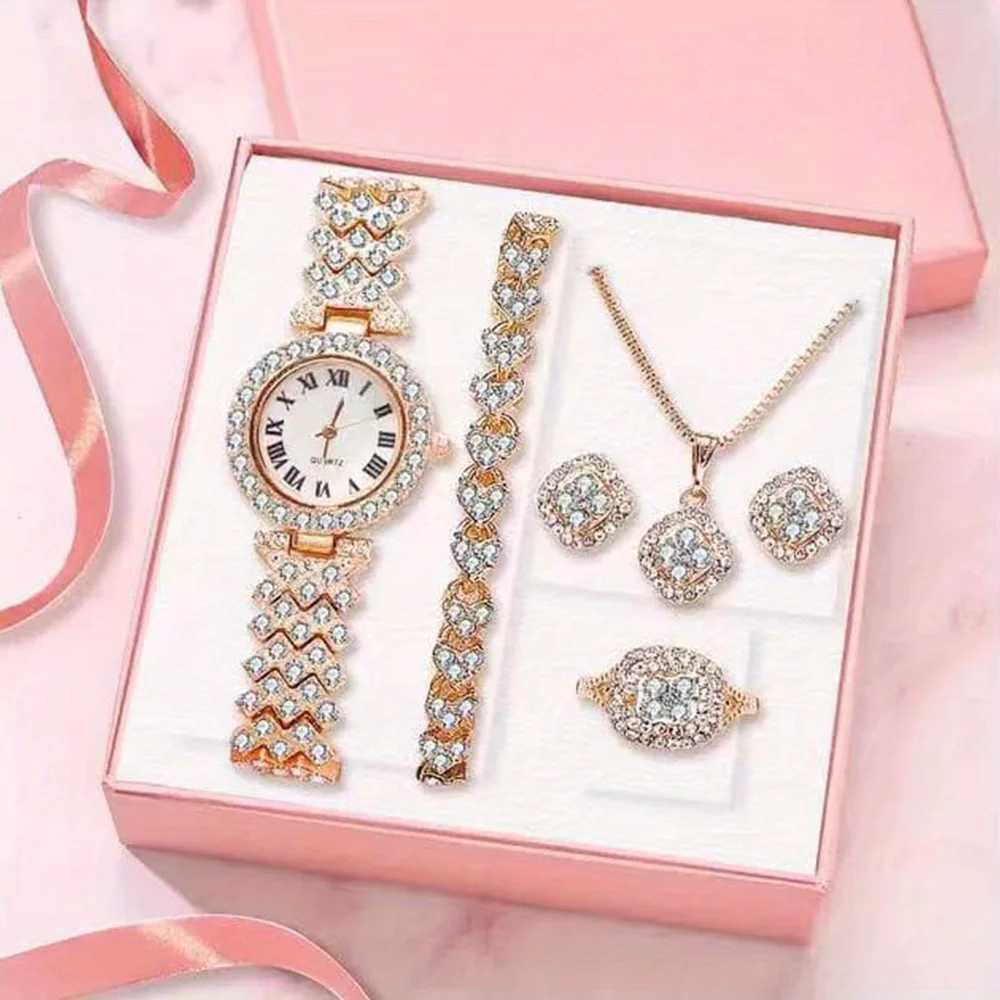 1 rhinestone decorated quartz watch luxury mens digital analog watch 5 jewelry sets the best gift for her X241106