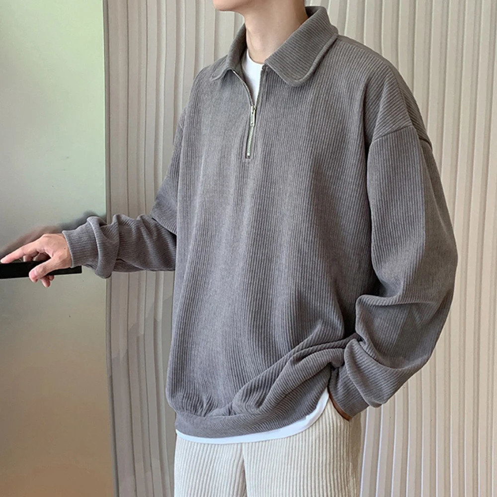 Polo T-Shirts For Men Fashion Versatile Casual Solid Color Sweater Jacket Zip Long Sleeved Loose Fitting Shirt Autumn 241106