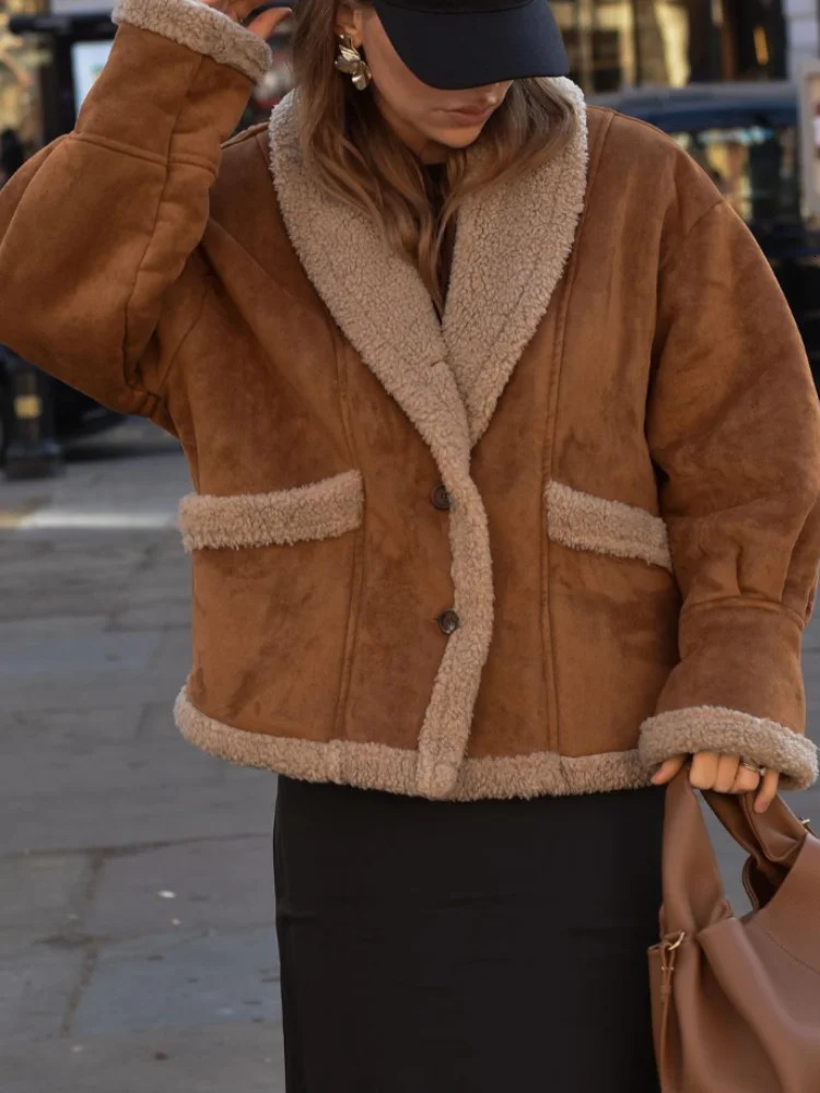 Women Chic Lapel Lamb Wool Patchwork Coat Casual Button With Pocket Thickened Jacket 2024 Autumn Winter Lady Retro Outerwear 241106