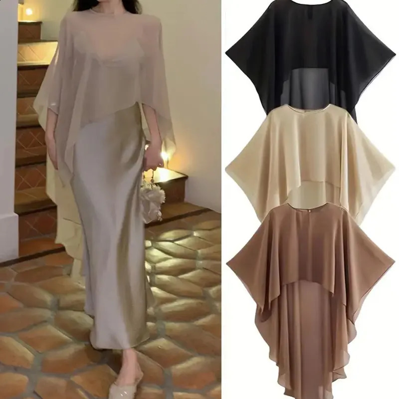 Women Fashion Summer Poncho Tops Asymmetric Tulle Cape Coat Vintage Elegant Chiffon Long Shawl Wraps Evening Wedding Cover Up 241105