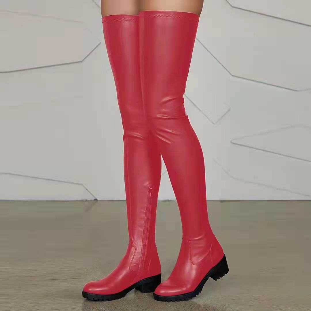CMM Spring and Autumn New Cross Knee Boots Womens Round Head Fashion Boots Large Size Thick Heel Long Leg Knight Boots