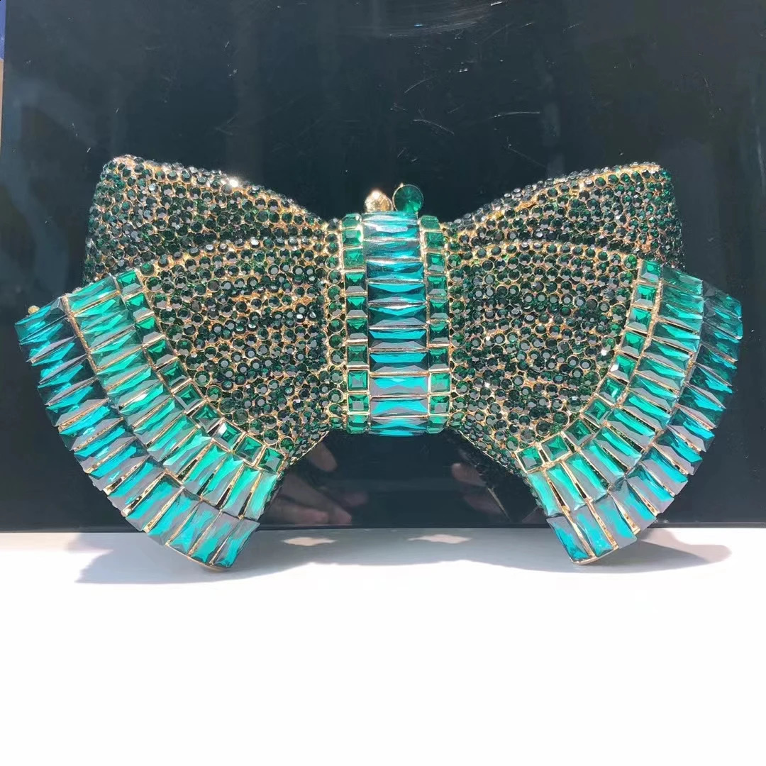 Womens Green/Silver/Purple/Pink/Blue Stone Bow Evening Bag Shining Womens Rhinestone Handbag Wedding Party Handbag Wallet 241031