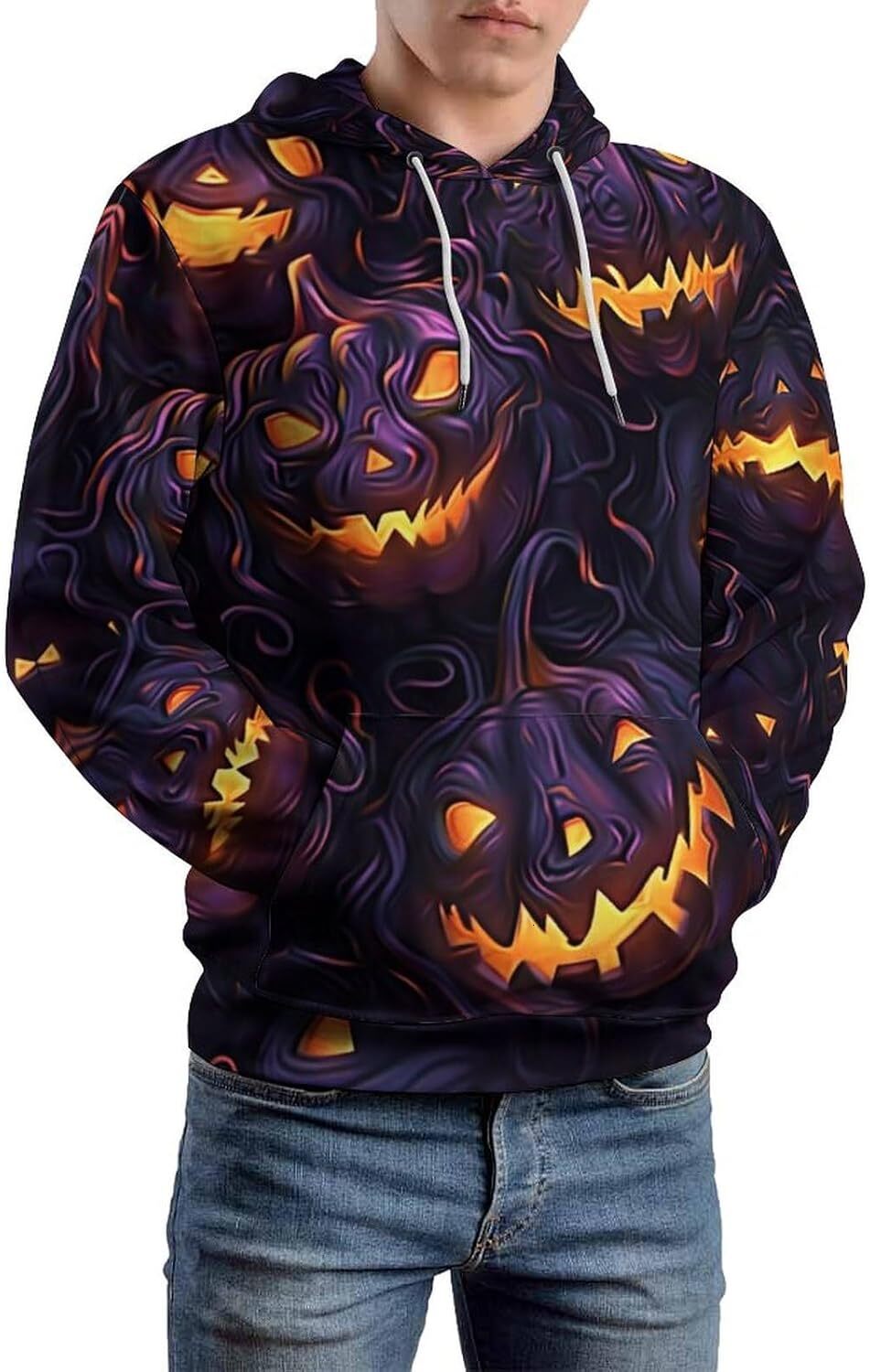 Hoodie for Mens Womens Pullover - hoodie printed deep purple pumpkin, unisex, 500g weight 50% cotton Graphic Hoodies sweatshirt Pullover Long Sleeve