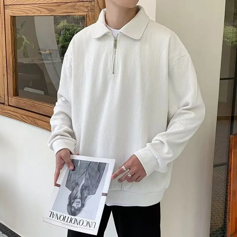 Polo T-Shirts For Men Fashion Versatile Casual Solid Color Sweater Jacket Zip Long Sleeved Loose Fitting Shirt Autumn 241106