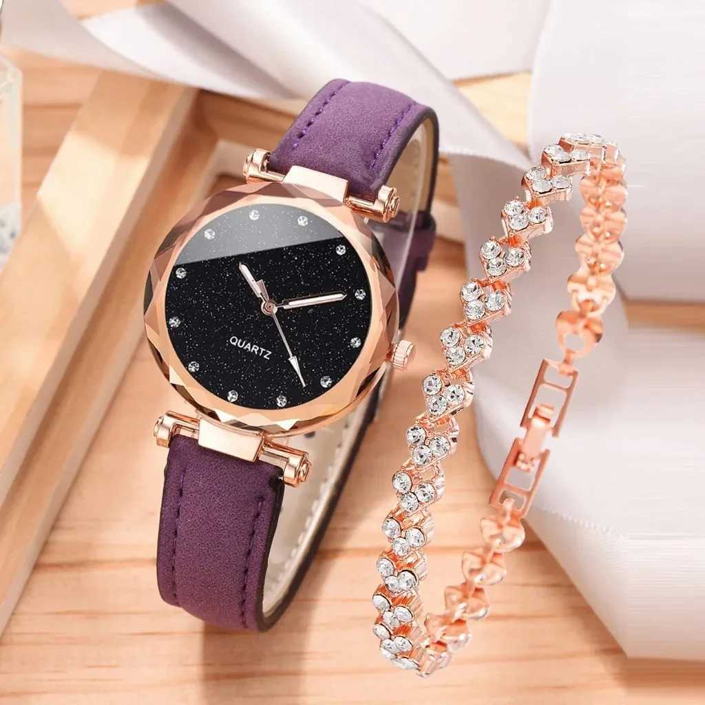 2-piece luxury fashion watch set with PU leather strap womens quartz watch Rhinestone rose gold alloy bracelet womens gift X241106