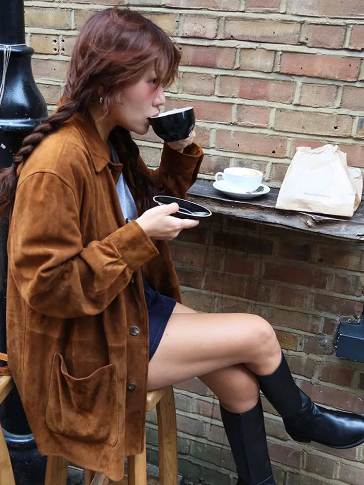 Brown Single Breasted Faux Leather Short Coat Women Loose Long Sleeves Lapel Jacket 2024 Autumn Female High Street Outwear 241106