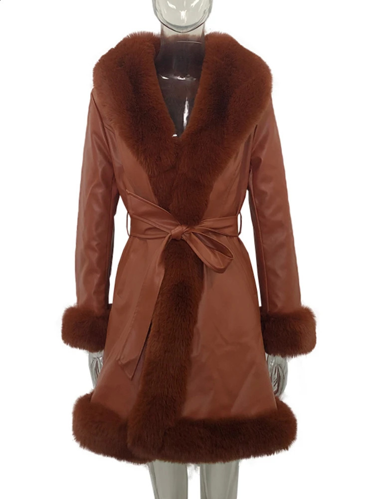 RR2076 PU Leather Long Jackets Women Fashion Tie Belt Waist Coats Elegant Side Pockets Faux Fur Female Ladies 241104