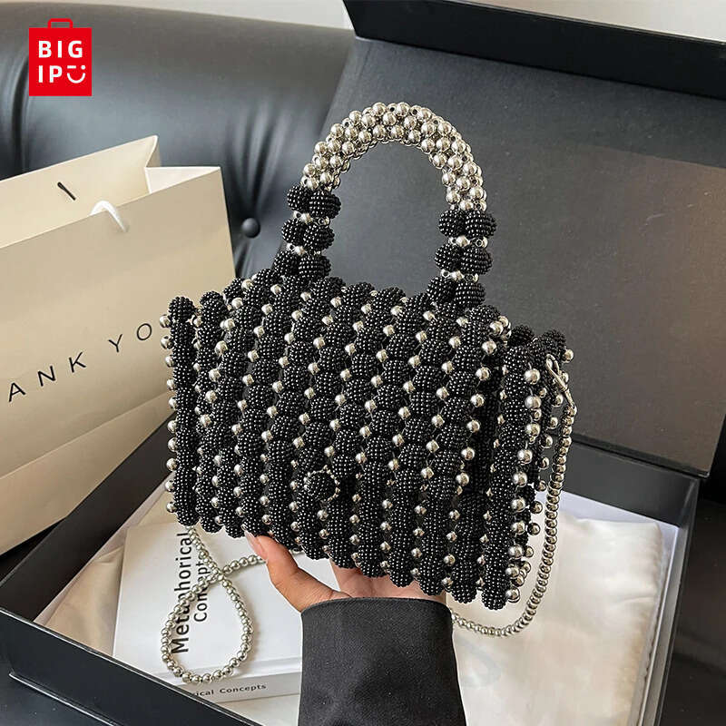 Designer Bag Black Small Square Bag Tote Women 2024 Summer Beading Handmde Handbag Phone Bag Coin Purse Vintage Pearl Shoulder Crossbody Bag