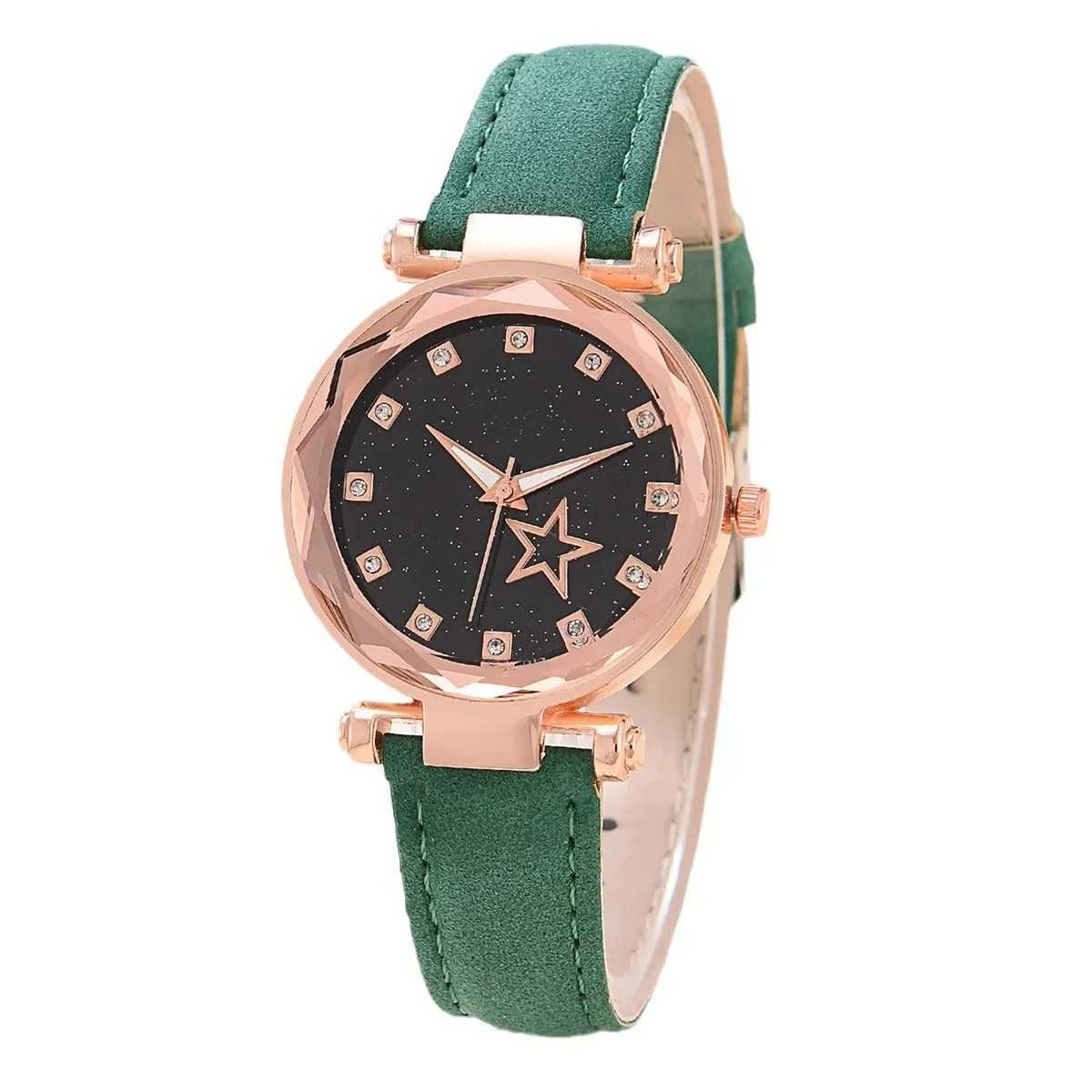 Luxury Quartz Watch Green Necklace Jewelry Set 6pcs Womens New Fashion Simple Designer Moon Star Digital Water Diamond Leather X241106