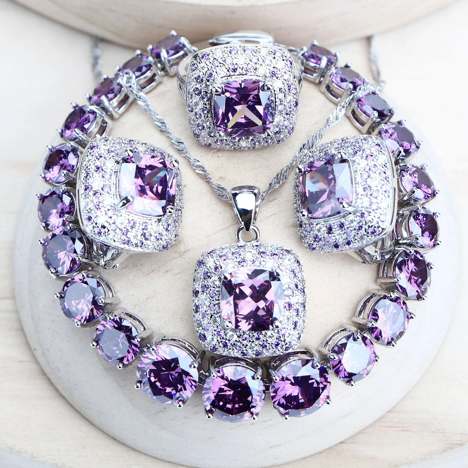 Purple zirconia female bride jewelry set silver 925 exquisite clothing jewelry wedding earrings ring bracelet pendant necklace 241106