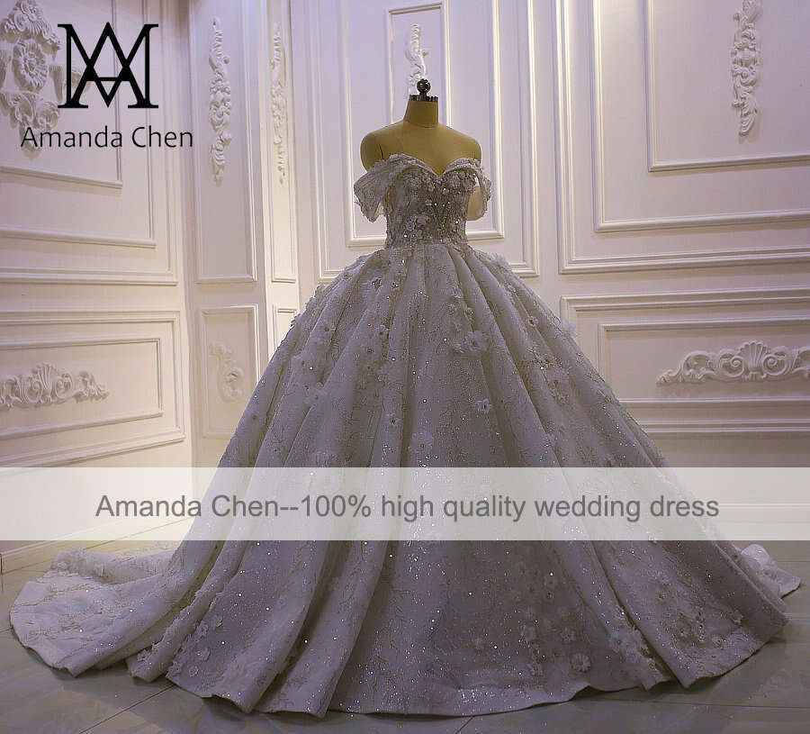 Customized vestido novia civil Off Shoulder Lace Appliqued 3D wers Wedding Dress