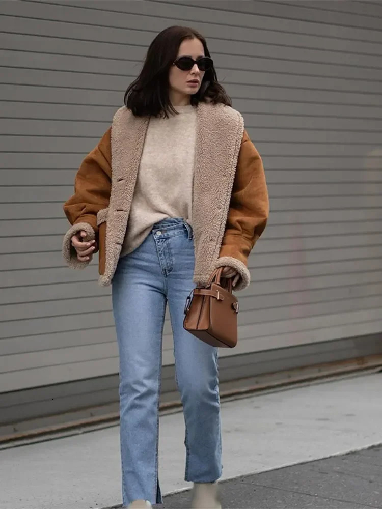 Women Chic Lapel Lamb Wool Patchwork Coat Casual Button With Pocket Thickened Jacket 2024 Autumn Winter Lady Retro Outerwear 241106