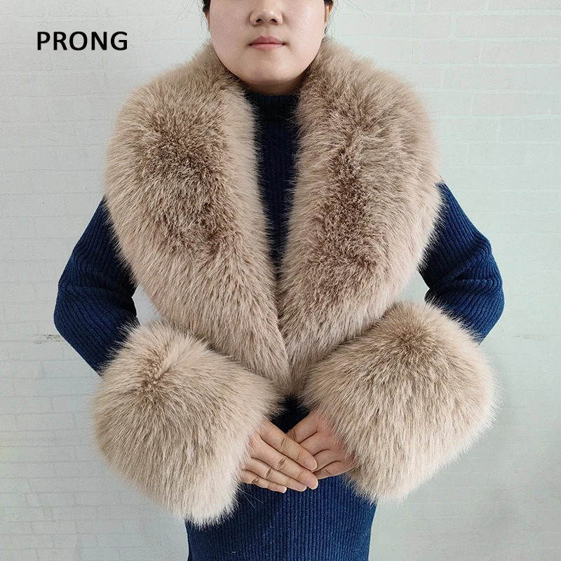 Artificial fur collar and cuff set for womens winter coat artificial fur large collar fluffy fake fox fur scarf collar warm scarf shawl 241106