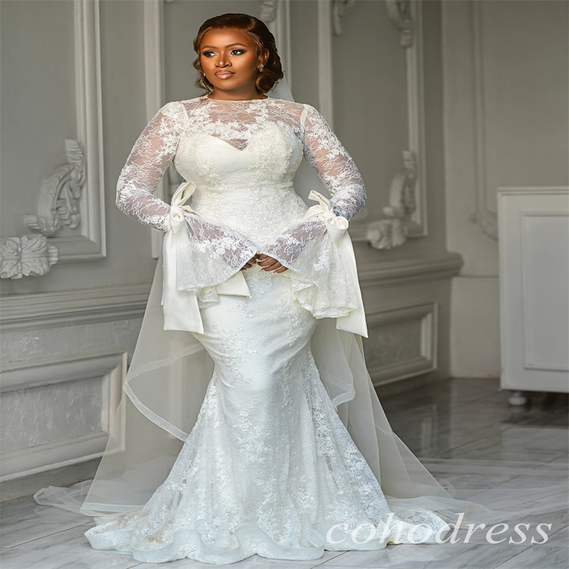 Gorgeous Lace Mermaid Wedding Dresses With Long Sleeve African Nigerian Country Civil Garden Bridal Dress Plus Size Vestio De Novias Romantic Bride