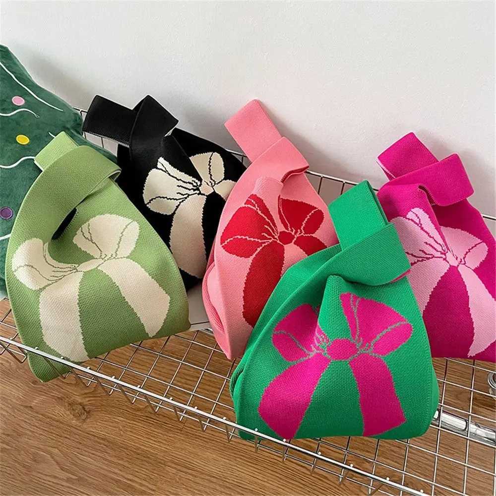 Reusable womens knitted handbags casual handmade wrist bags knot handbags bows shopping bags outdoor ragtag accessories Y241106