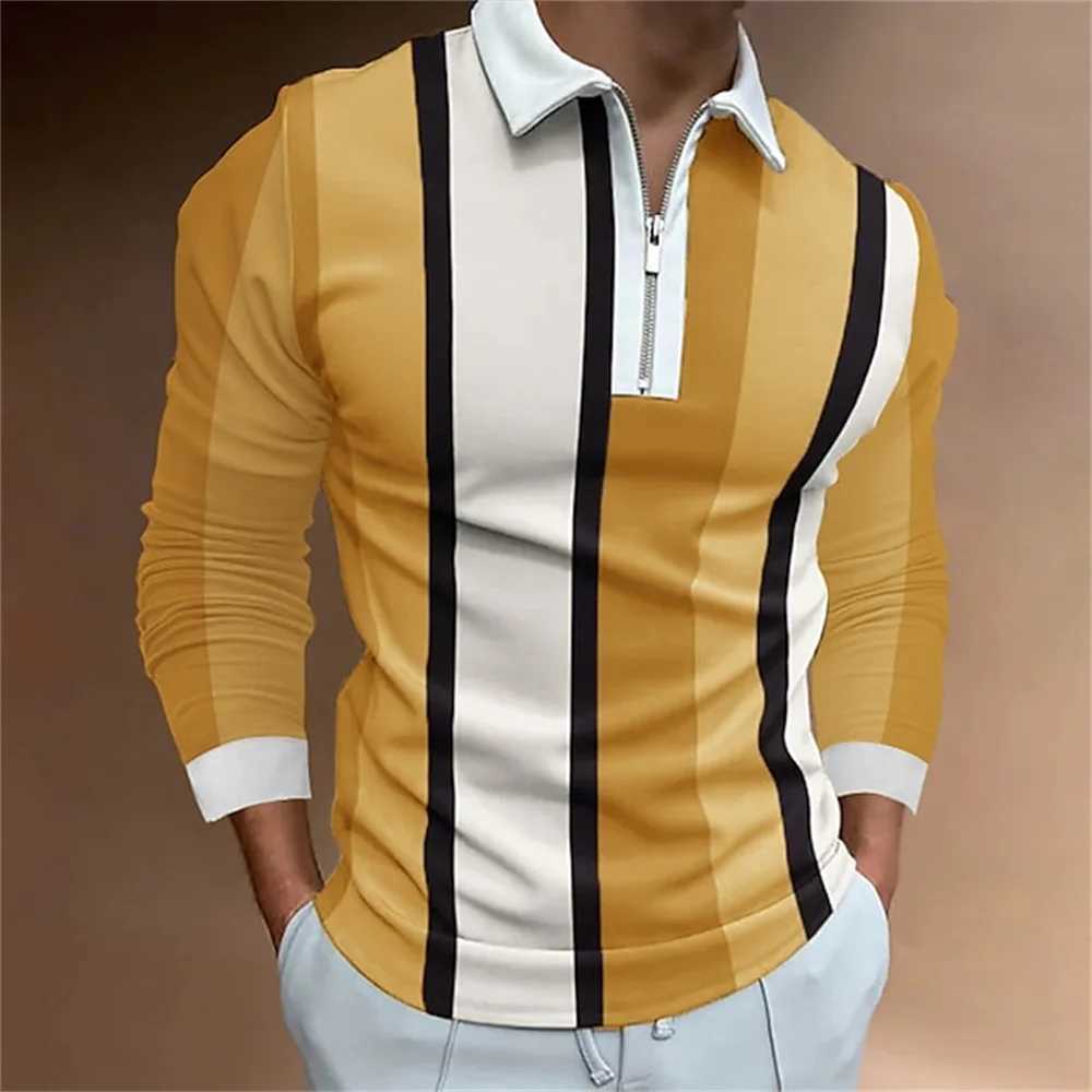 2024 Mens Stripe Printed Micro Elastic Collar Shirt Top Porosity Fashion Zipper Length Sve T-shirt Mens Clothing W241106