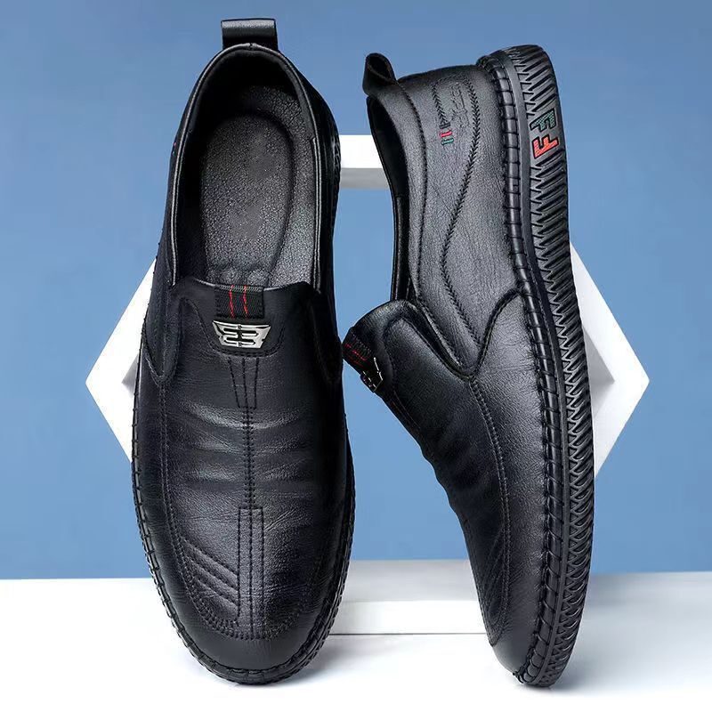 Casual Breathable And Versatile In Spring, Men's Leather With Soft Soles, Comfortable To Step On, Work Shoes, Low Cut, Trendy, Bean Shoes