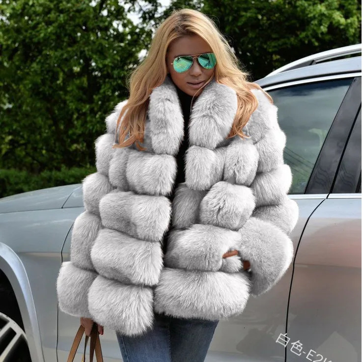 Women Fox Faux Fur Coats Mid Length Coat Turn Down Collar Full Sleeve Thick Warm Elegant Splice Autumn Winter Open Stitch 241104