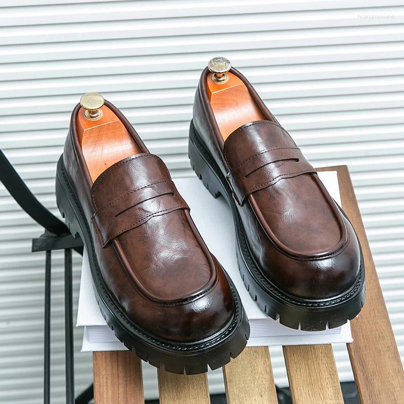 Casual Shoes Man Black Loafers Leather Solid Color Thick Soled Fashion Round Toe Daily Wedding Dress Party Faux Suede