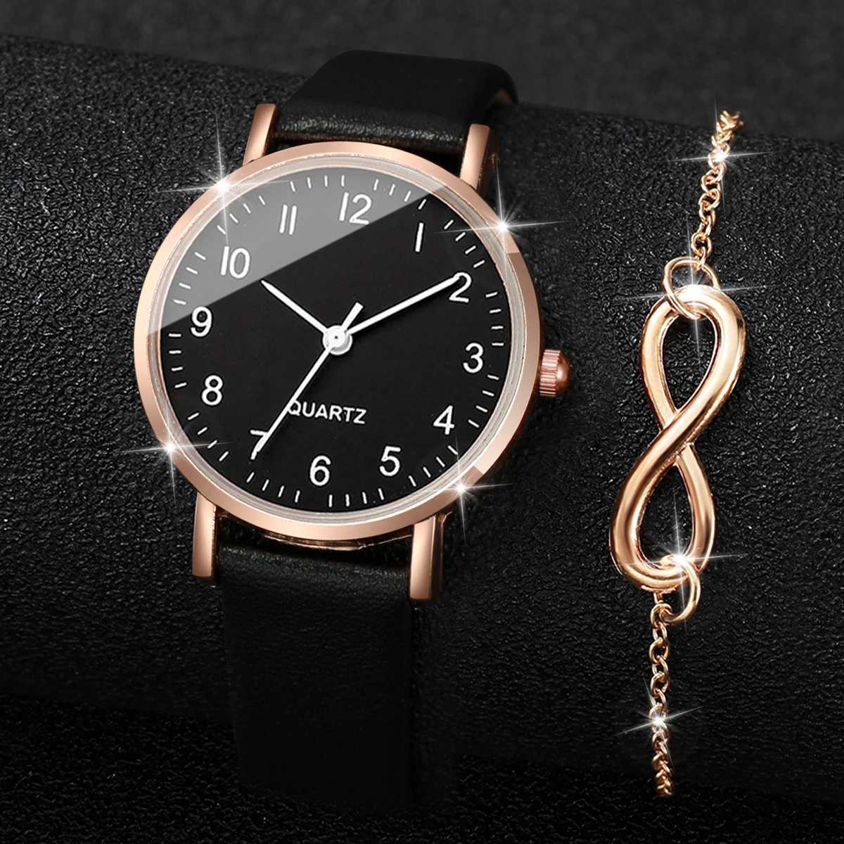 4-piece/unisex set fashionable leather strap quartz watch with double bracelet set X241106