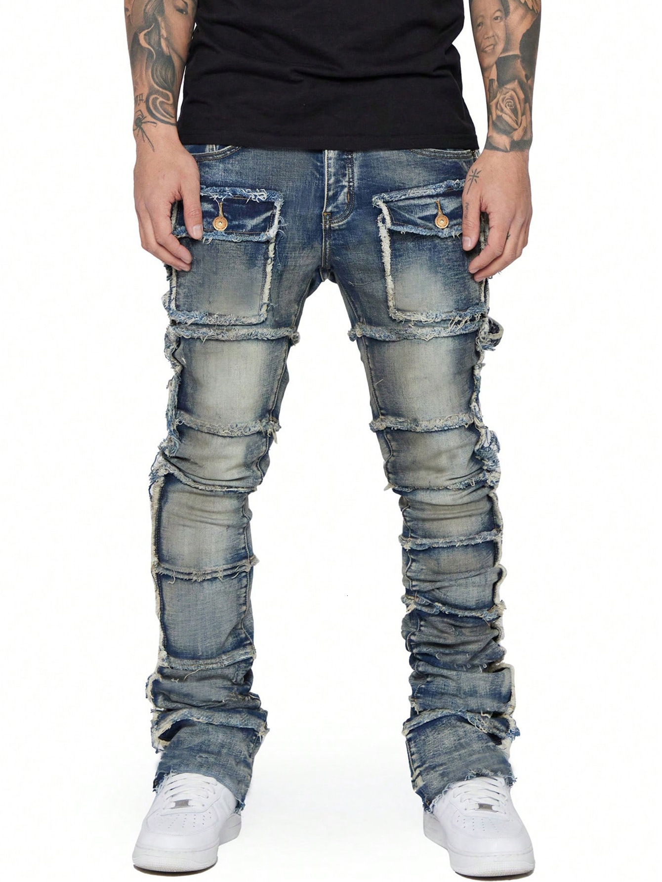 ksubi jeans men's denim workwear straight leg pants european and american fashion hot item elastic patch denim layered micro flared men's pa
