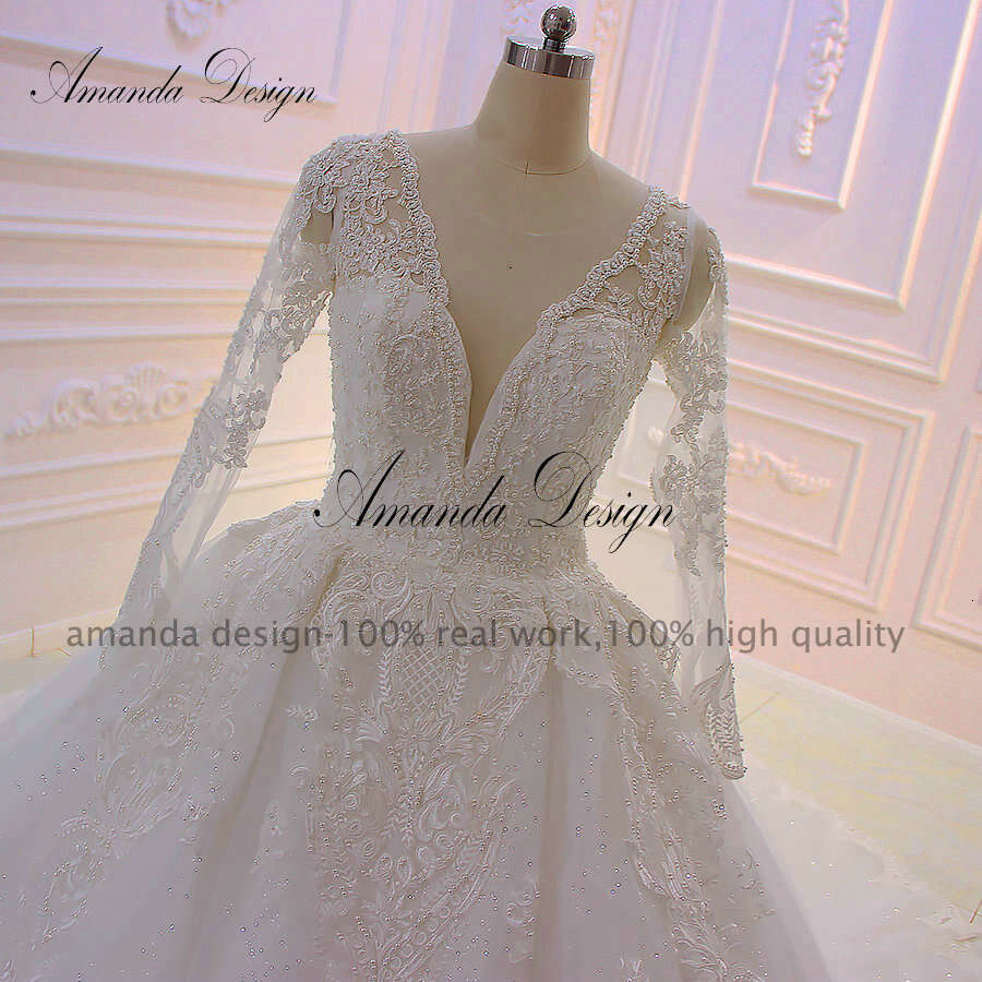 Amanda Design nikah elbisesi Long Sleeve Lace Appliques Shiny Wedding Dress