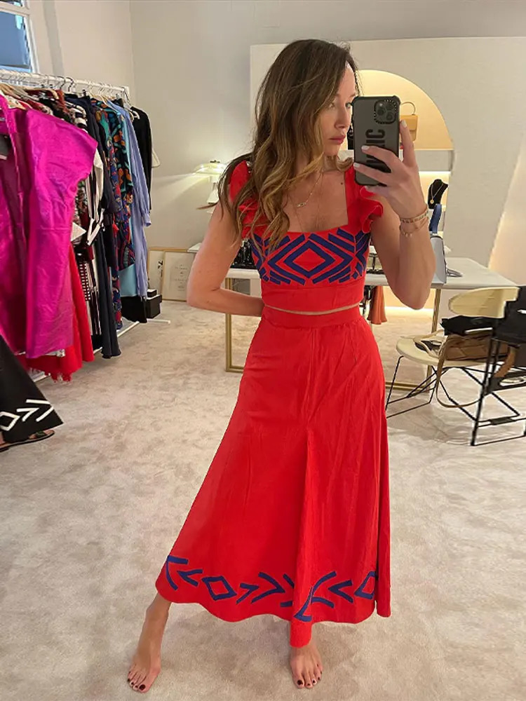 Fashion Print Skirt Suit Dres Spaghetti Strap Sleeveless Crop Top 2 Piece Set 2024 Spring Summer Lady Beach Outfits 240402