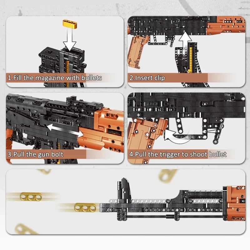 Blocks Military Series 1393pcs AK47 AKM Automatic Rifle Model Building Blocks High-tech MOC Can Shoot Bullet Weapon Bricks Toys GiftsY241106S5R4