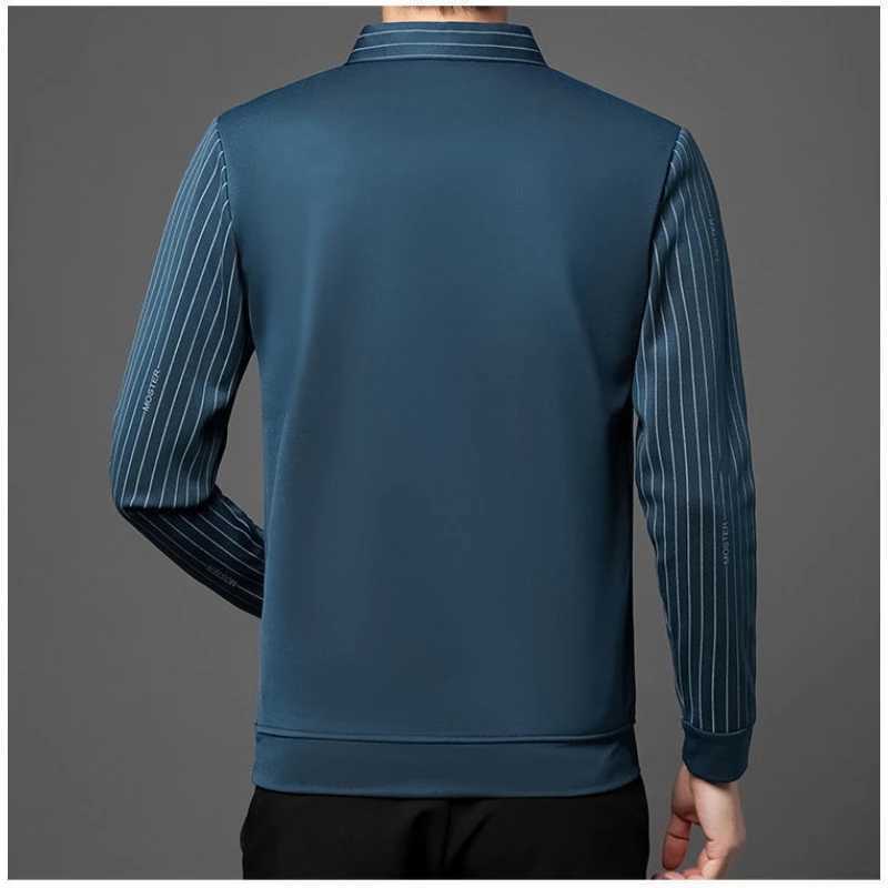 New mens T-shirt lapel spring autumn long Sve button striped print fashionable Ts casual top W241106