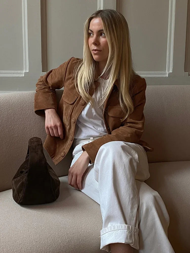 Fashion Brown Slim Fit Suede Short Jackets Womens Vintage Single Breasted Long Sleeves Cropped Coats Chic Lady Autumn Outerwear 241106