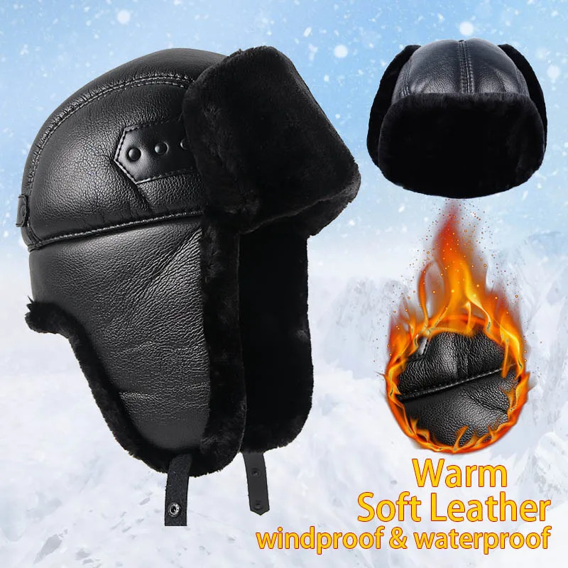Earflap hat winter hat men autumn black Pu leather hat warm Wusanka Russian faux fur bomber pilot trap hat men 241106