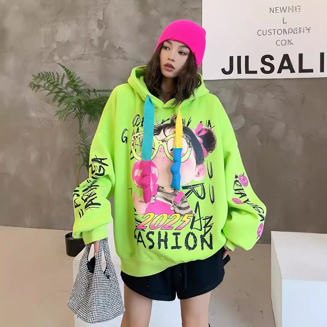 New designer fashion trend American heavy industry graffiti large velvet thick women's medium to long loose hooded sweatshirt