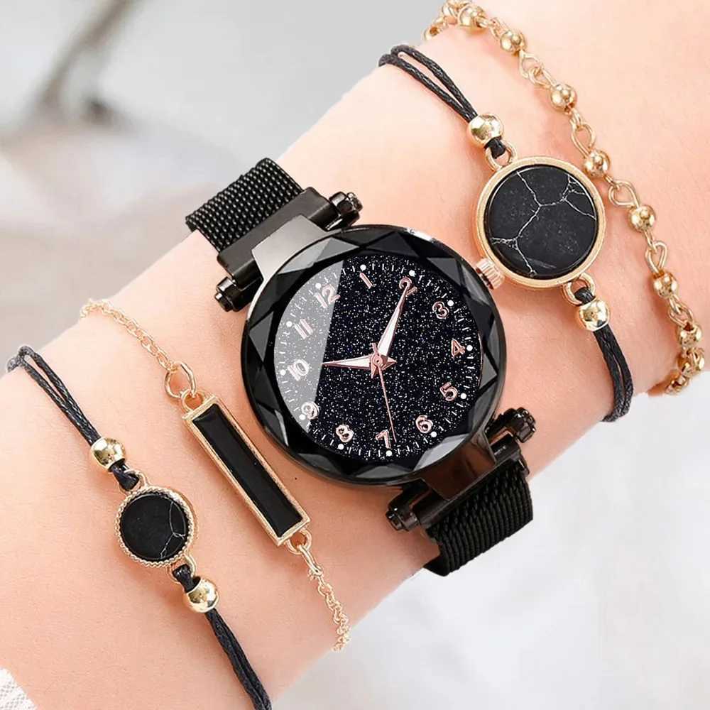 Ladies Starry Sky Round Dial Quartz Wristwatches 5pcs Set Wen Fashion Casual Mesh Belt Watches Simple Dress Clock Girls Gift X250203