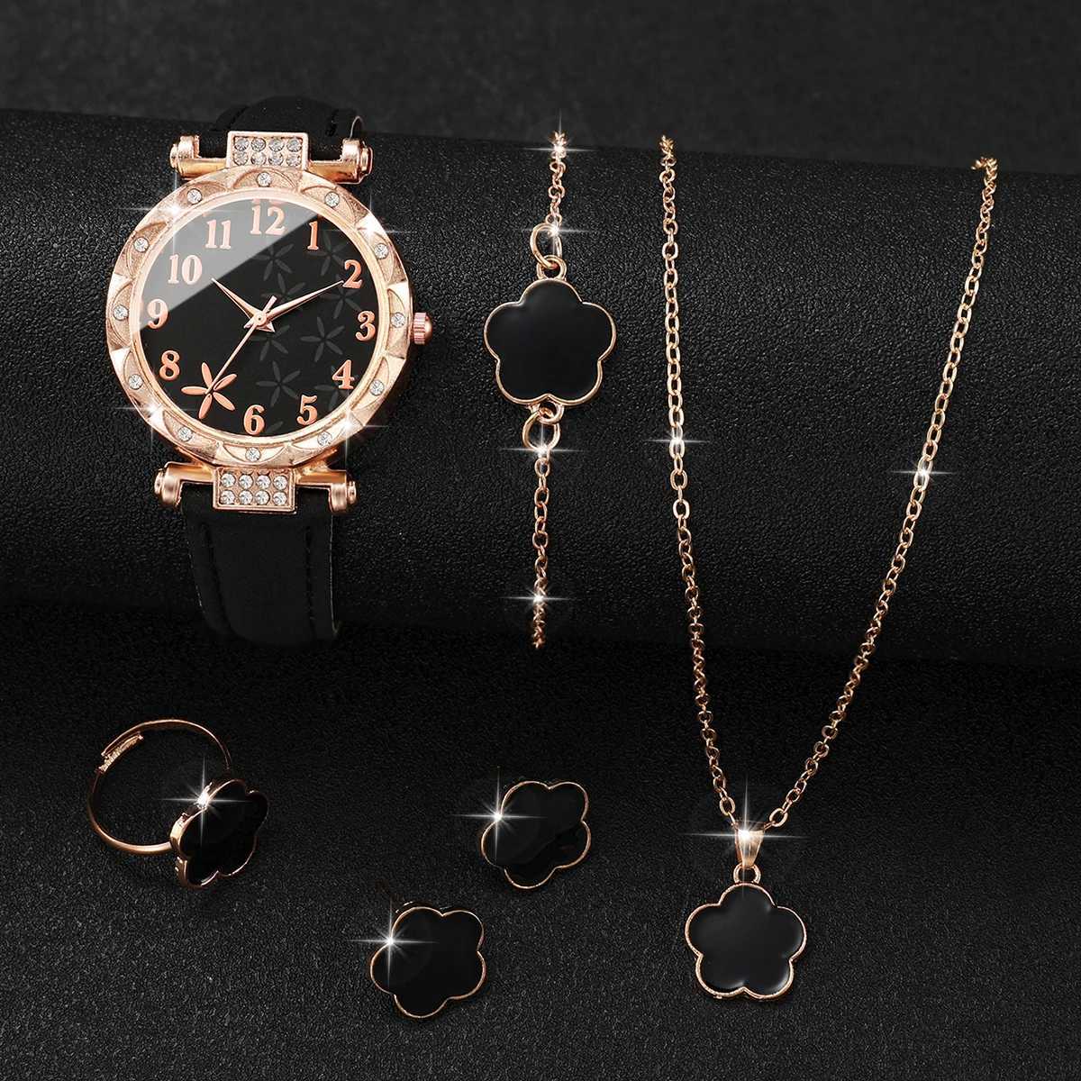 6-piece/set Warm Sweet Wind Watch Set Fashion Flower Series Leather Quartz Watch Bracelet Set X241106