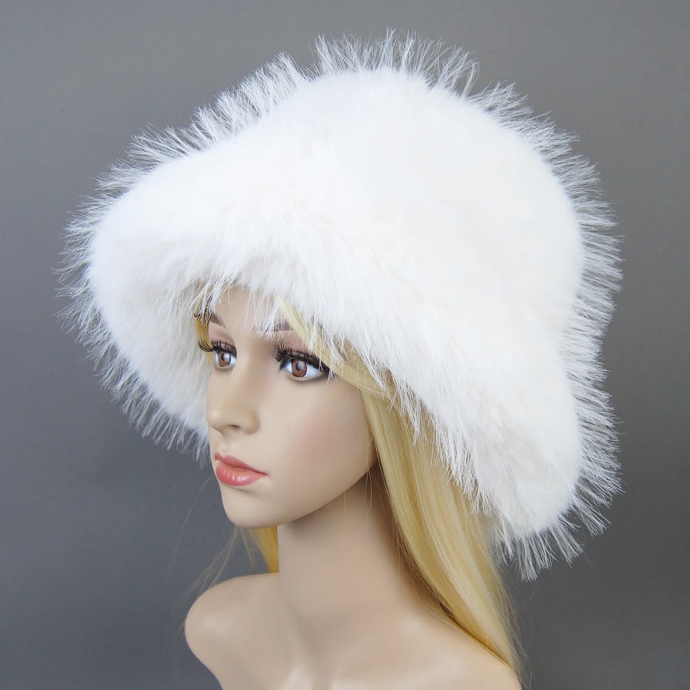 Winter autumn womens bucket hat oversized fluffy Brim soft long tailed synthetic raccoon fur elegant fisherman hat 241106