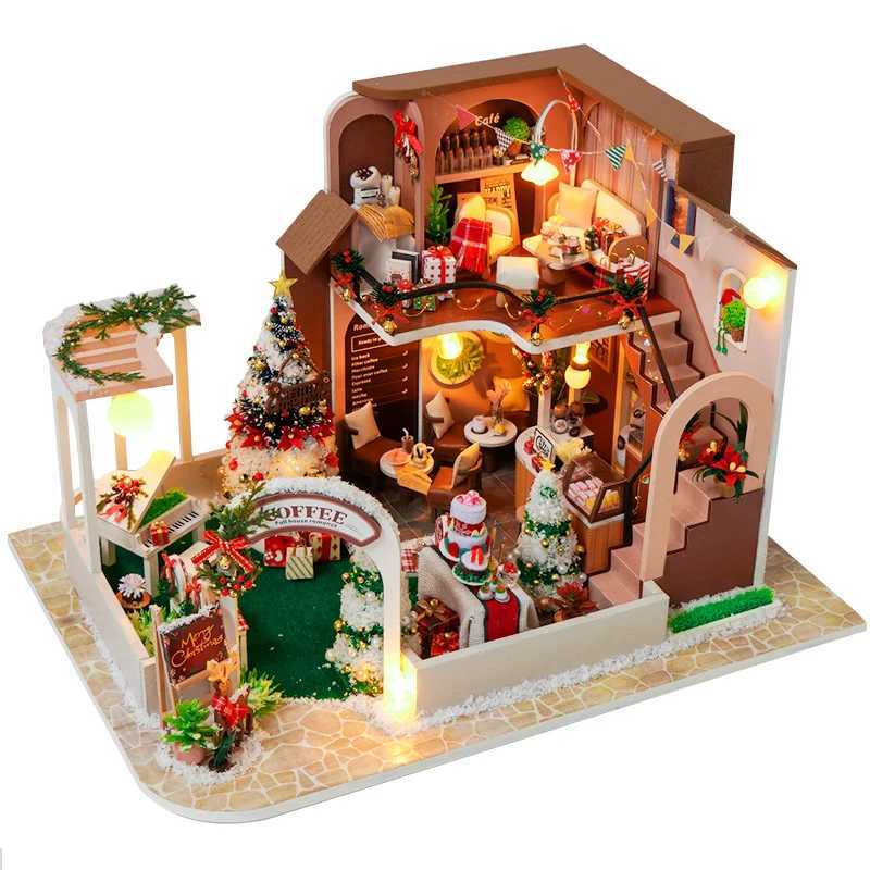 Architecture/DIY House DIY Wooden Doll Houses Christmas Coffee Shop Casa Miniature Building Kit Villa Dollhouse with Furniture Led Light for Girls Gif