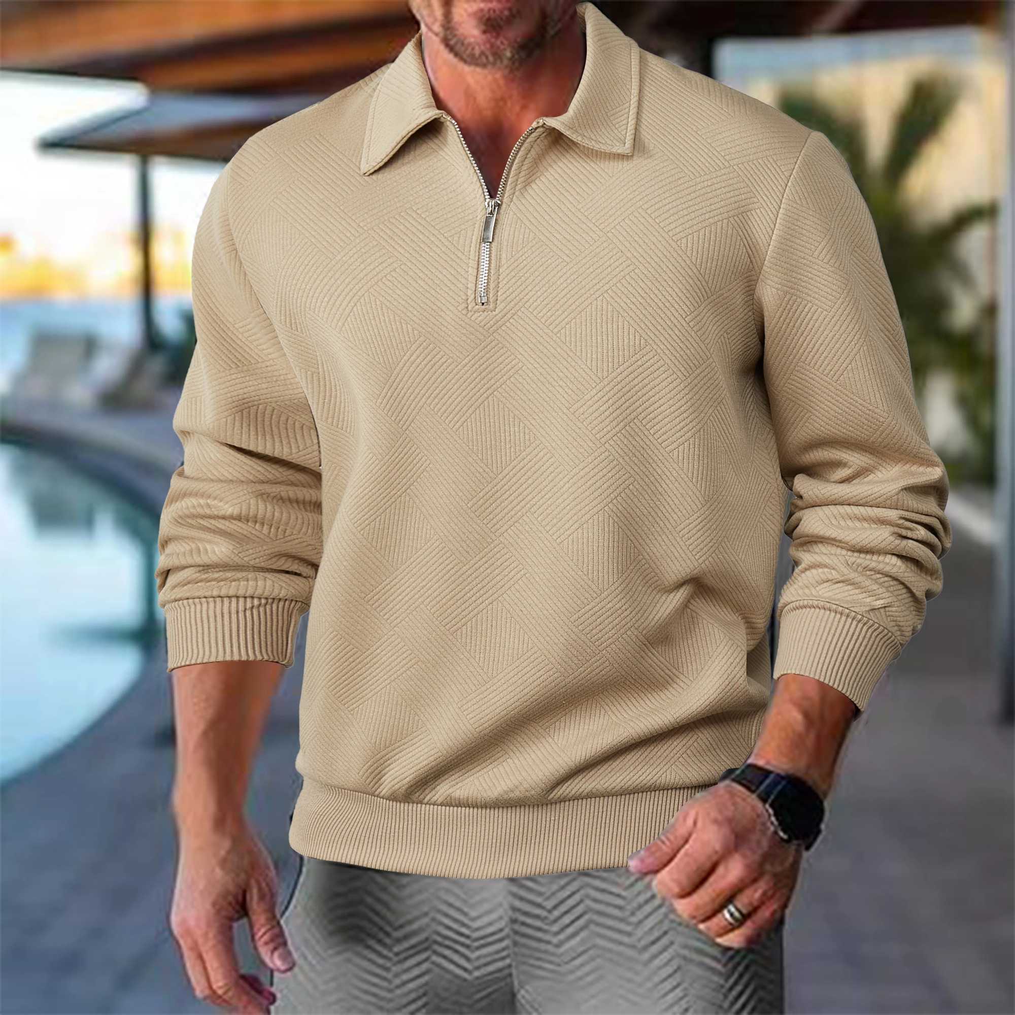 Casual solid color jacquard sportswear mens autumn retro collar zipper shirt mens fashion long Sve Pulleys W241106