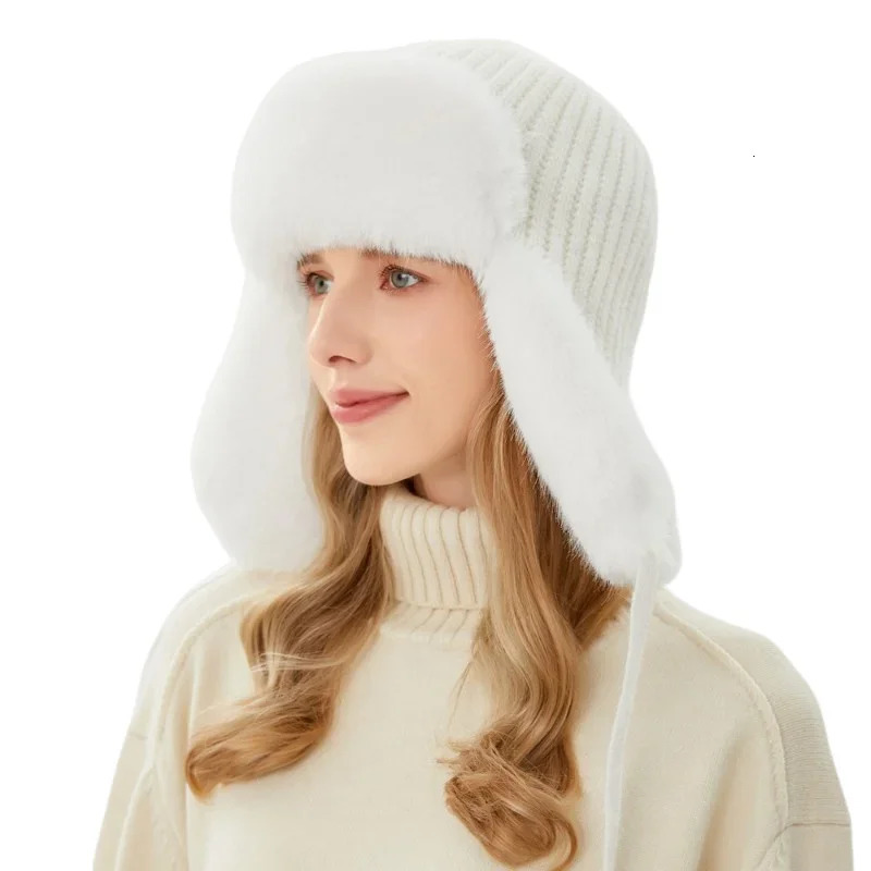 Gorros Winter Female Russian Ushanka Bomber Hat Pilot Trap Hat Artificial Rabbit Fur Earrings Snow Hat 241106