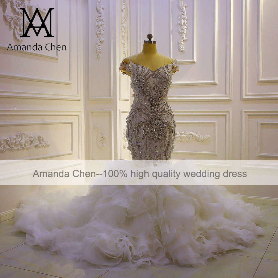 robe sirene mariage Off Shoulder Crystal Mermaid Ruffle Wedding Dress